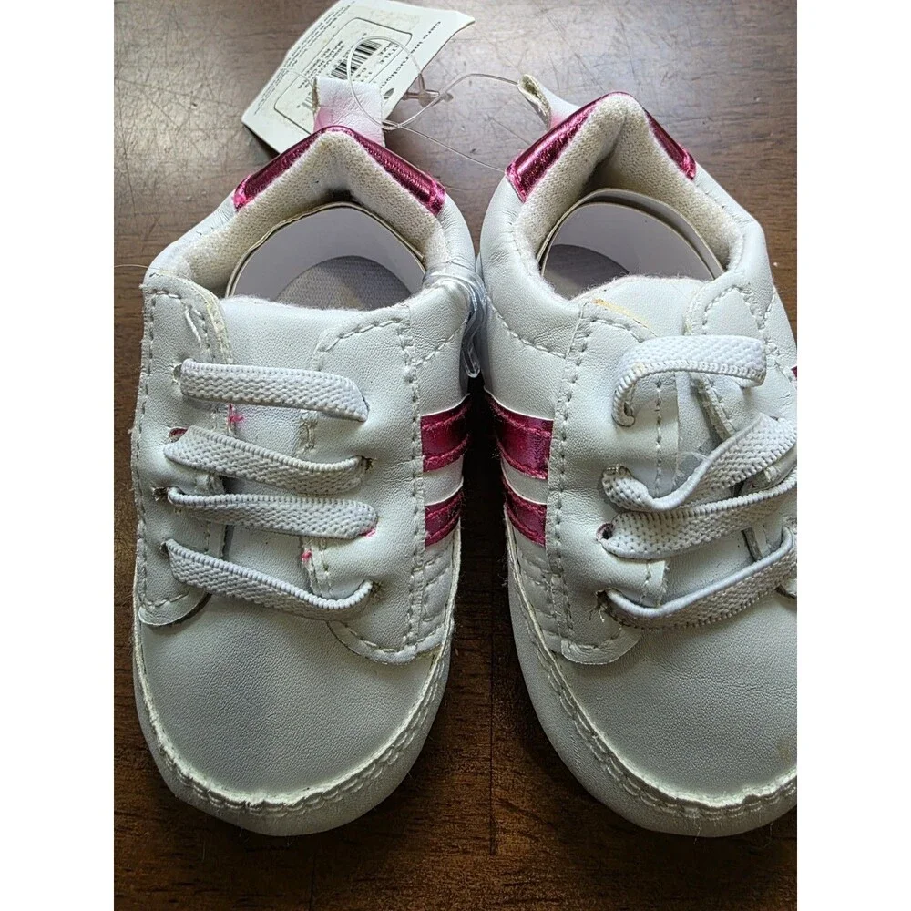 Luvable Friends Baby Girls White Pink Striped Prewalker Crib Shoes Booties 0-6M